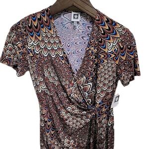 NWT Anne Klein‎ Women's 4 Faux Wrap Sheath Dress Abstract Brown Blue Tan Art